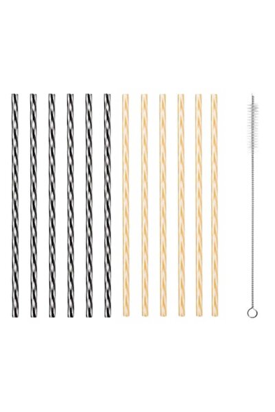 SHOPIENS Set 12 reusable plastic straws Shopiens, black and gold with cleaning brush, 6 x 250 mm