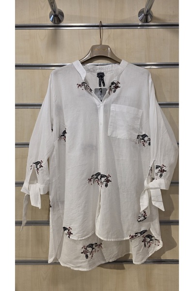 trendbysena Embroidered Women's Shirt with One Pocket and Tie-Up Sleeves