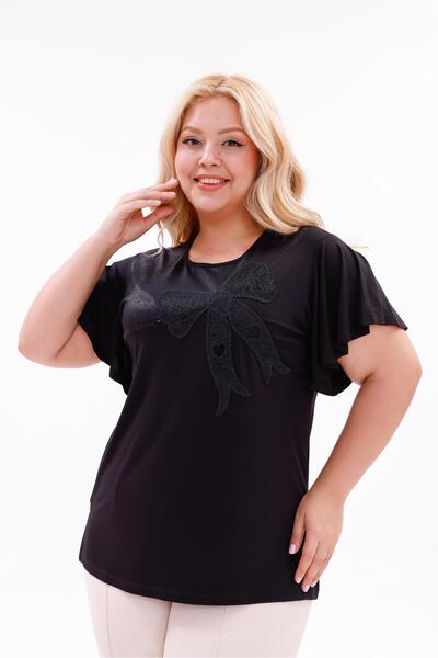 Siyezen Plus Size Bow Sequin Embroidered Blouse