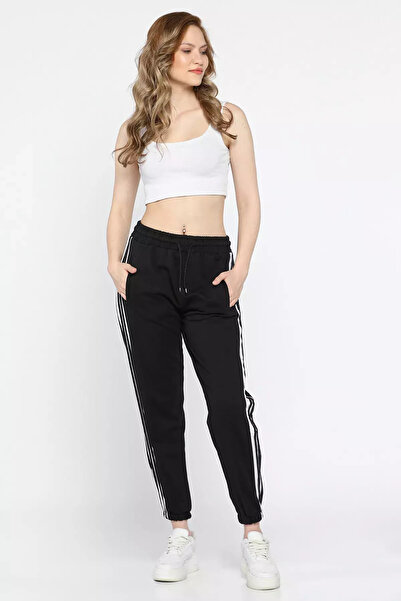 julude Black Women's Side Stripe Sweatpants with Elastic Waist and Legs