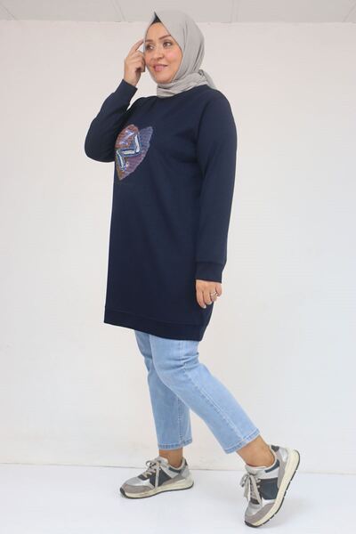 Eslina 58141 Plus Size Modal Tunic with Heart Print on the Front - Navy Blue