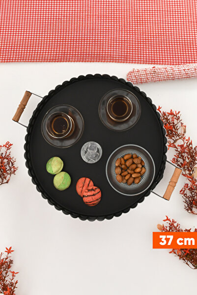 AKSESUAR EVRENİ Milano 37 cm Black Presentation Metal Serving Tray Set Breakfast Wooden Handle Treat Tray