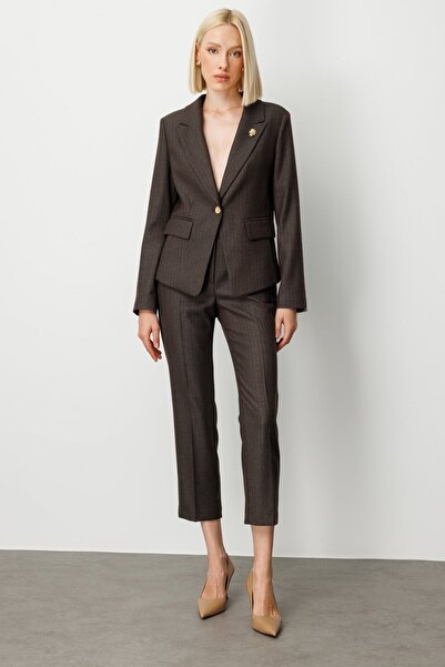 Ekol Striped Patterned Skinny Leg Trousers Brown