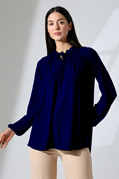 Şiir Elista Women's Ruffle Lace-Up Drop Neck Gathered Jacquard Long Sleeve Blouse & Hijab Blouse - Navy Blue