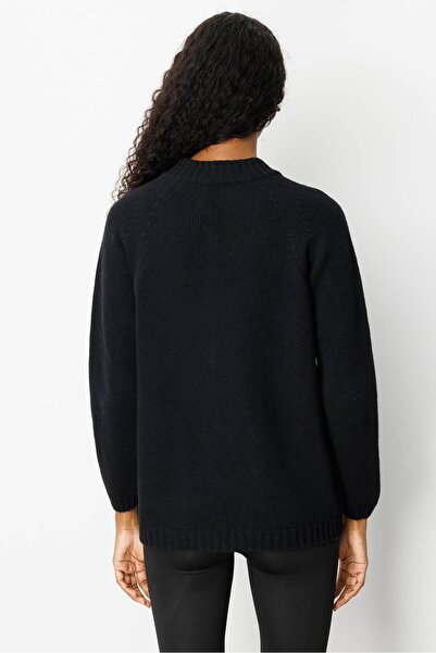 Desen Triko Women's Stand Collar Pocketed Basic Wool Cardigan Black