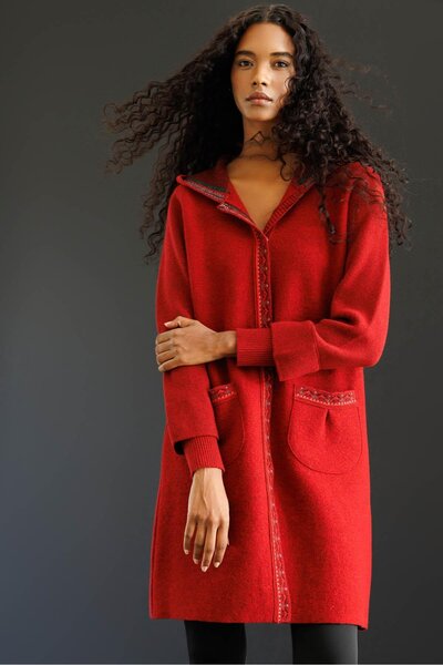 Desen Triko Women's Hooded Wool Coat with Felt Front, Dark Red