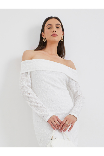 Take Two By Styli Schiffli Off Shoulder Bodycon Maxi Dress