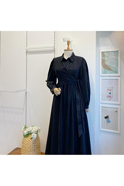 Faya Boutique Siyah Crop Detaylı Kot Elbise