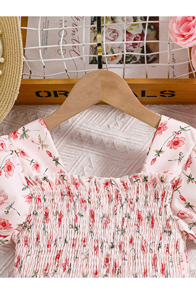 Take Two By Styli Girls Pink Floral Print Puff Sleeve Dress