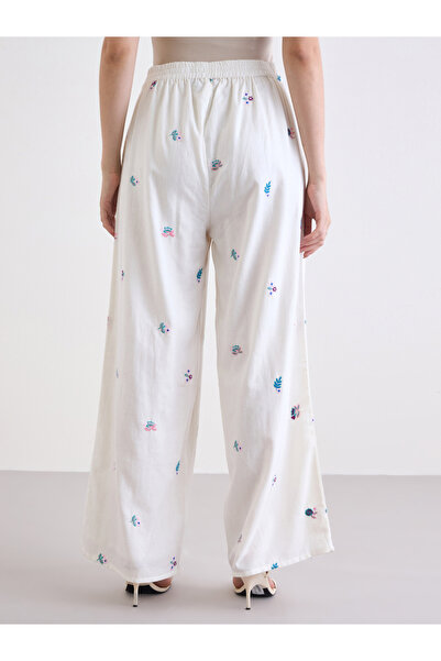 Styli Off White Embroidered Wide Leg Trousers