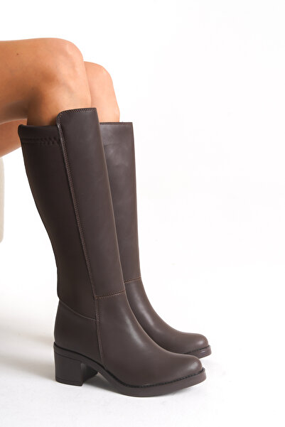 Limeo Bitter Brown Leather Look Stretchy Back Flexible Thick Medium High Heeled Zippered Long Boots