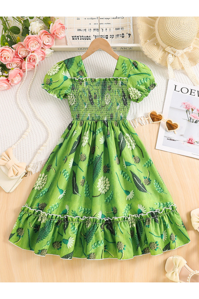 Take Two By Styli Girls Green Floral Print Puff Sleeve Dress