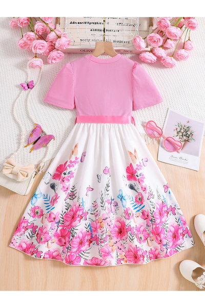 Take Two By Styli Girls Floral Print Bow Detail Dress