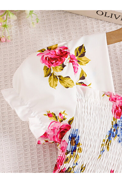 Take Two By Styli Girls White Floral Print Puff Sleeve Dress