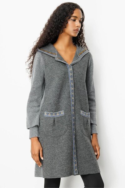 Desen Triko Women's Hooded Wool Coat with Felt Front Smoked
