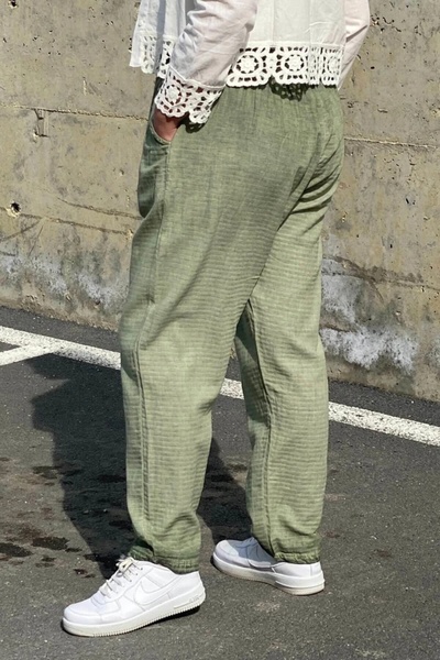 Mia Butik Plus Size Green Elastic Waist Linen Trousers