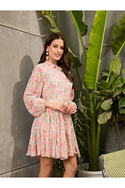 Sassafras By Styli Peach Ditsy Print Tiered Mini Dress