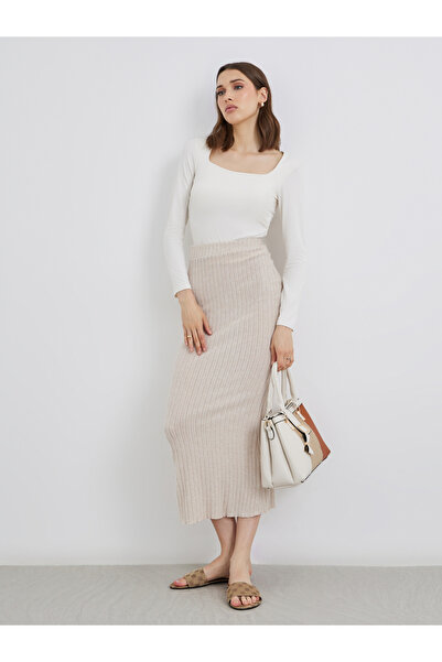 Take Two By Styli Beige Ribbed Knit Midi Skirt