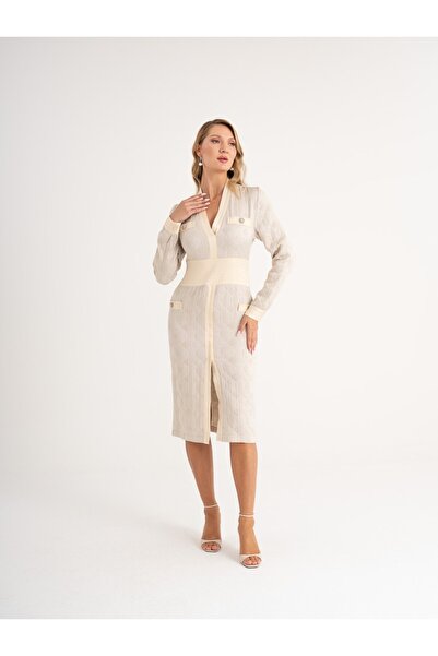 SERPİL Yırtmaçlı Kadın Elbise - Taş Düğmeli - Modern ve Şık - Ofis ve Davet Şıklığı için Elbise