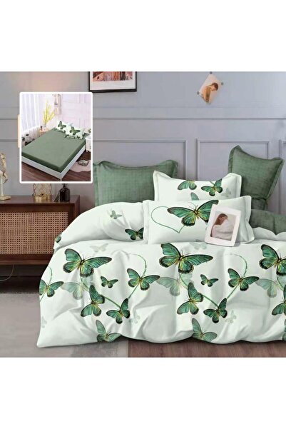 Pucioasa Finet elastic bed linen, 6 pieces, green with butterflies