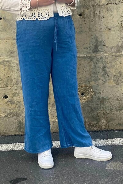 Mia Butik Women's Blue Linen Trousers