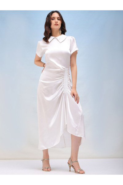 Freehand By Styli Women White Satin Ruched Asymmetric Dress