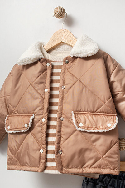 Jikko Baby Çizgili Sweatshirt ve Kapitone Montlu 3’lü Bebek Takımı 8171