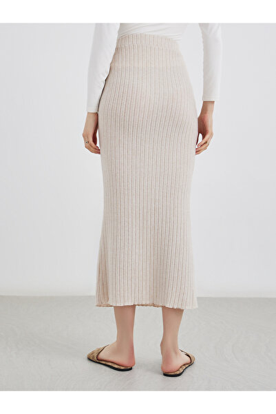 Take Two By Styli Beige Ribbed Knit Midi Skirt