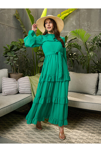 Sassafras By Styli Green Ruffled Tiered Maxi Dress