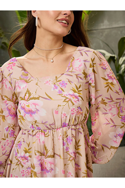 Sassafras By Styli Beige Floral Back-Cut Out Mini Dress