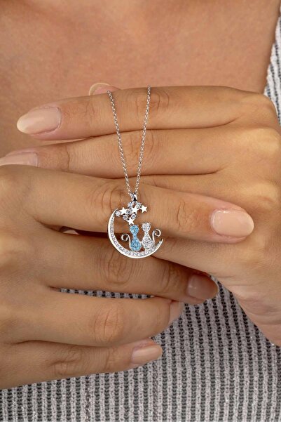 Gümüş Pazarım Firuze Taşlı Yıldızları İzleyen Çift Kedi Kadın Gümüş Kolye