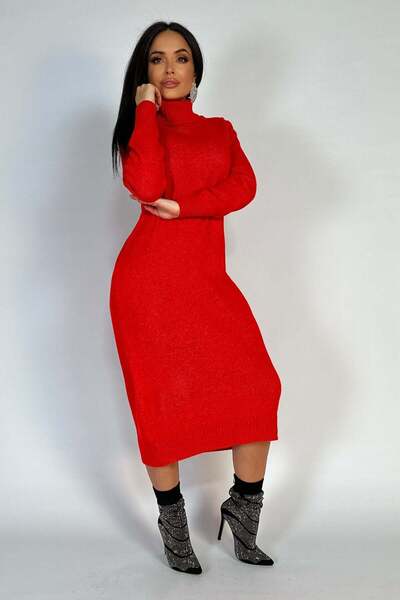 WildFashion Long sweater dress with high collar made of crocheted material H760-3