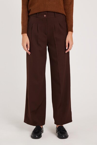 Tudors Women's Regular Fit Classic Cut High Waist Wide Leg Brown Trousers