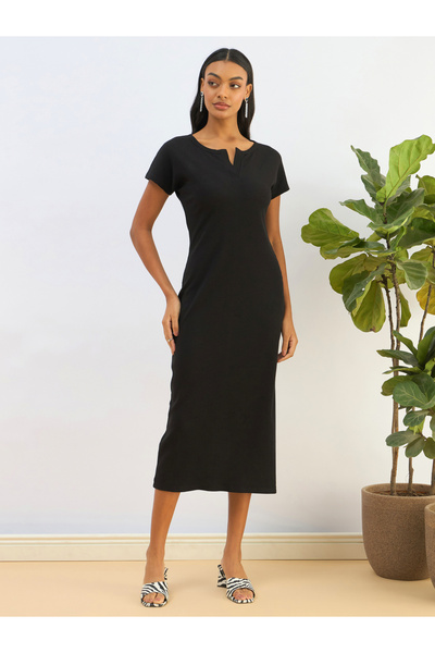 Sassafras By Styli Black Ribbed Bodycon Midi Dress