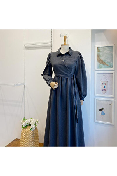 Faya Boutique Antrasit Crop Detaylı Kot Elbise