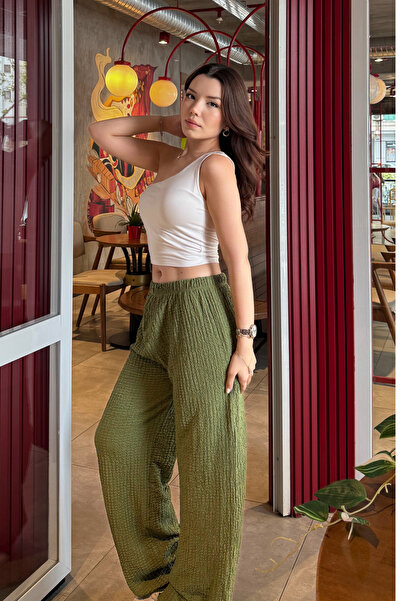 Bipantolon Women's Khaki High Waist Lycra Flowy Relax Bubble Pants