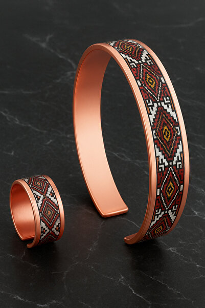 OSMANLI GÜMÜŞ Women's Copper Bracelet Ring Set - Rosewhite Model Special Edition Metal Box and Quartz Stone