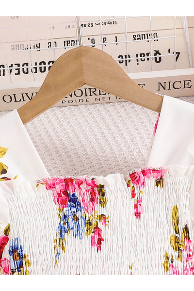 Take Two By Styli Girls White Floral Print Puff Sleeve Dress