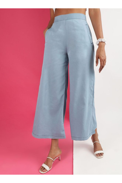 Freehand By Styli Women Blue Wide Leg Solid Pants