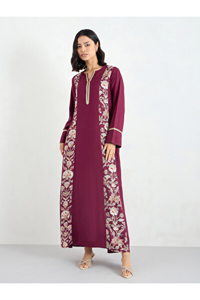 Styli Maroon Embroidered A-Line Jalabiya