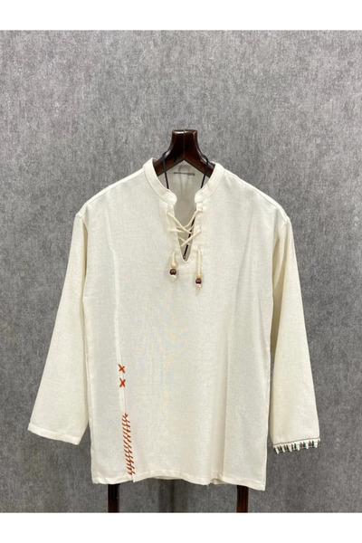 FıttingRoom Oversize Long Boy Yıkamalı Pamuk Dokuma Kırık Beyaz Bohem Sweatshirt