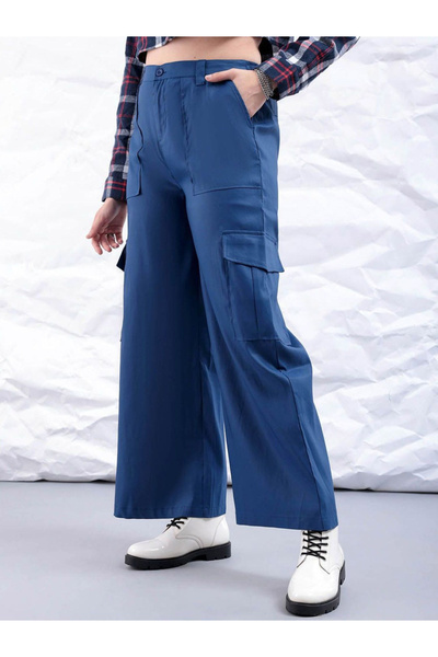 Freehand By Styli Women Blue Flared Cargo Trousers