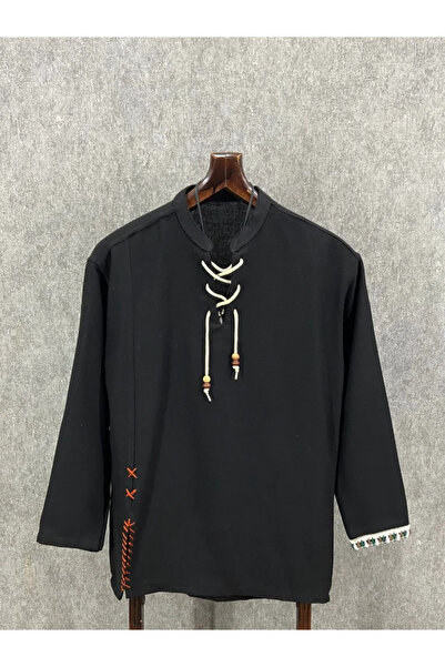 FıttingRoom Oversize Long Boy Washable Cotton Woven Black Bohemian Sweatshirt