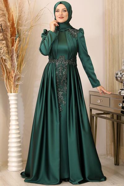 Esilanur Karaca Önü Drapeli Aplikli Tesettür Abiye Zümrüt