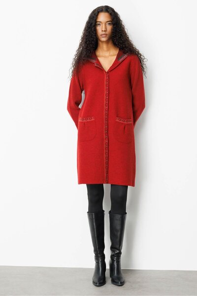 Desen Triko Women's Hooded Wool Coat with Felt Front, Dark Red
