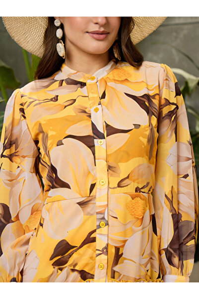 Sassafras By Styli Yellow Floral Front Button Placket Maxi Dress