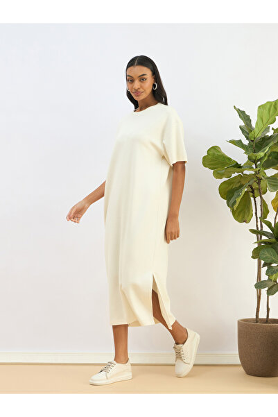 Sassafras By Styli Off White Waffle Knit Oversized T-Shirt Midi Dress