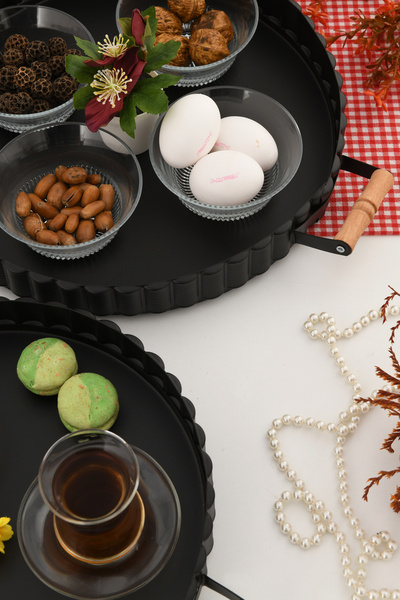 AKSESUAR EVRENİ Milano 57 cm Black Presentation Metal Serving Tray Set Breakfast Wooden Handle Treat Tray