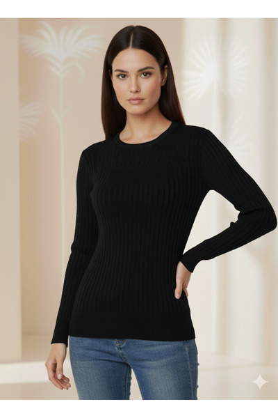ASEZ BUTİK Crew Neck Lycra Rib Knit Jacquard Sweater