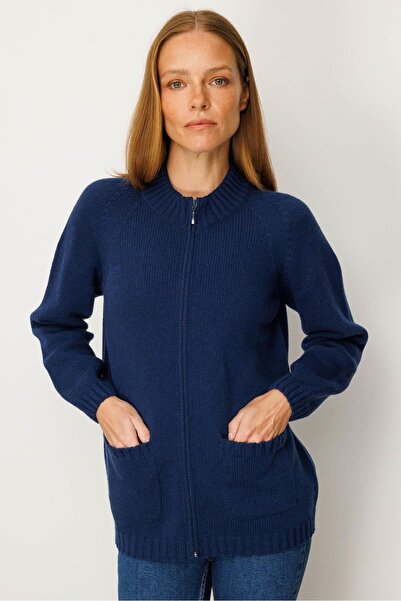 Desen Triko Kadın Dik Yaka Cepli Basic Yün Hırka İndigo